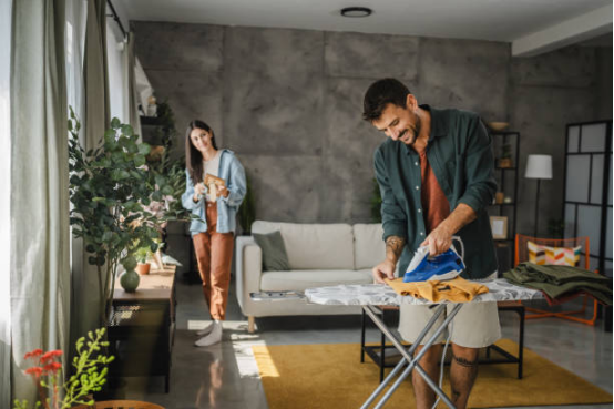 organized ironing board workflow at home