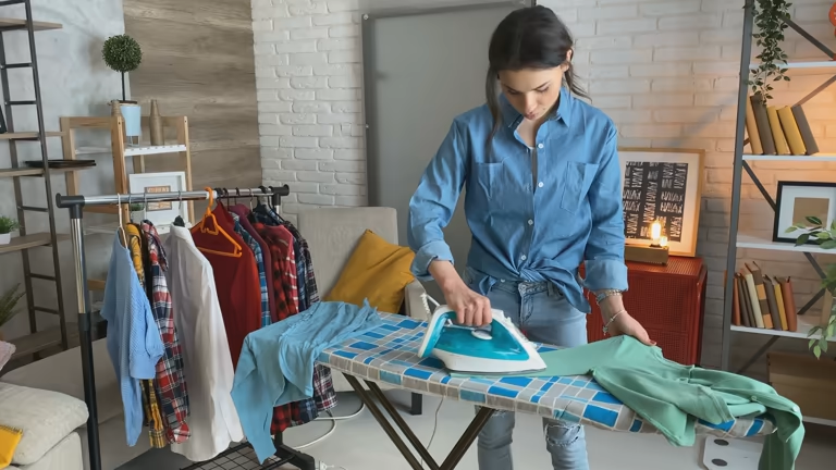 Young woman ironing clothes on a checkered ironing board in a modern living space.